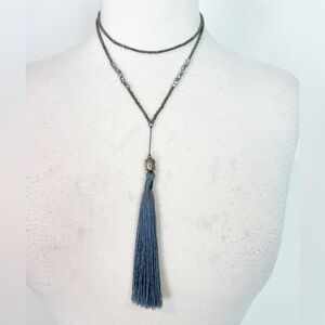 BOUTIQUE GRAY SILVER BEADED LONG TASSLE NECKLACE WITH BUDDAH CHARM 35”